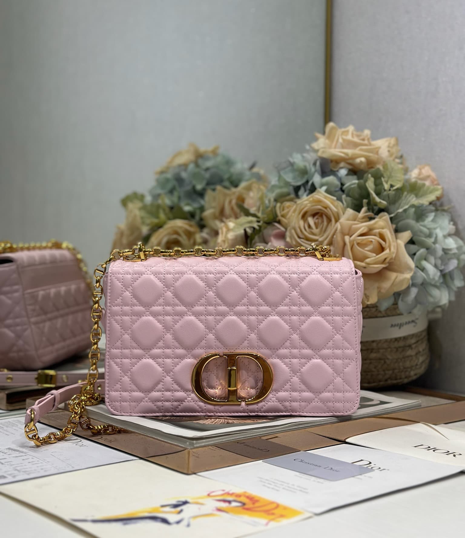 YupooPA Dior Caro Bag Pink Waxed Leather Gold Metal Buckle image 5