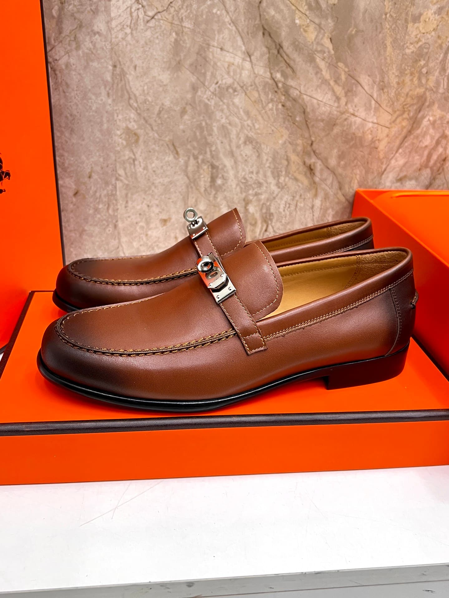 YupooPA Shoes: Luxury Hermès-Inspired Giovanni Loafers - Handcrafted Leather Slip-On Dress Shoes with Palladium Buckle image 2