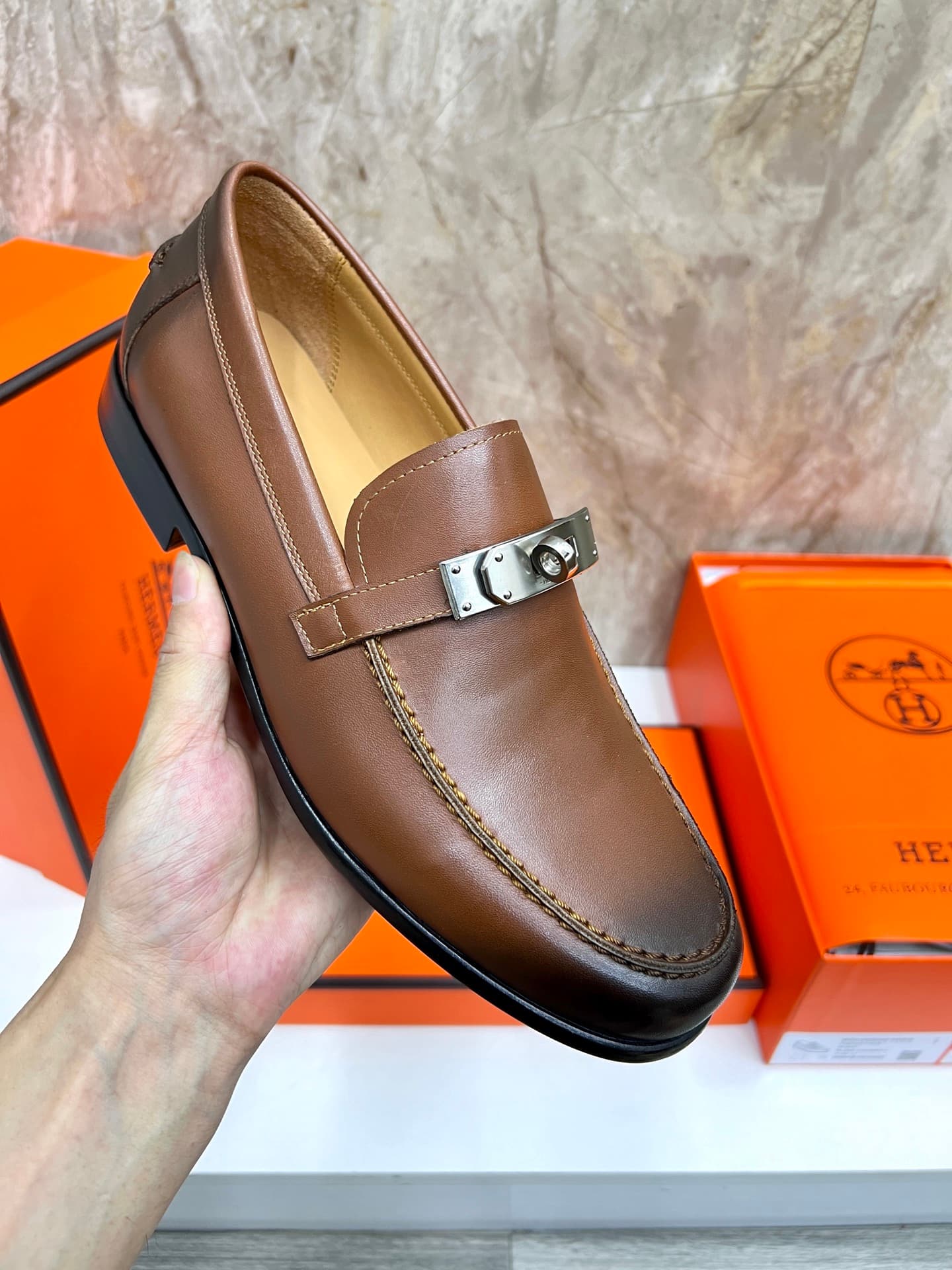 YupooPA Shoes: Luxury Hermès-Inspired Giovanni Loafers - Handcrafted Leather Slip-On Dress Shoes with Palladium Buckle image 7