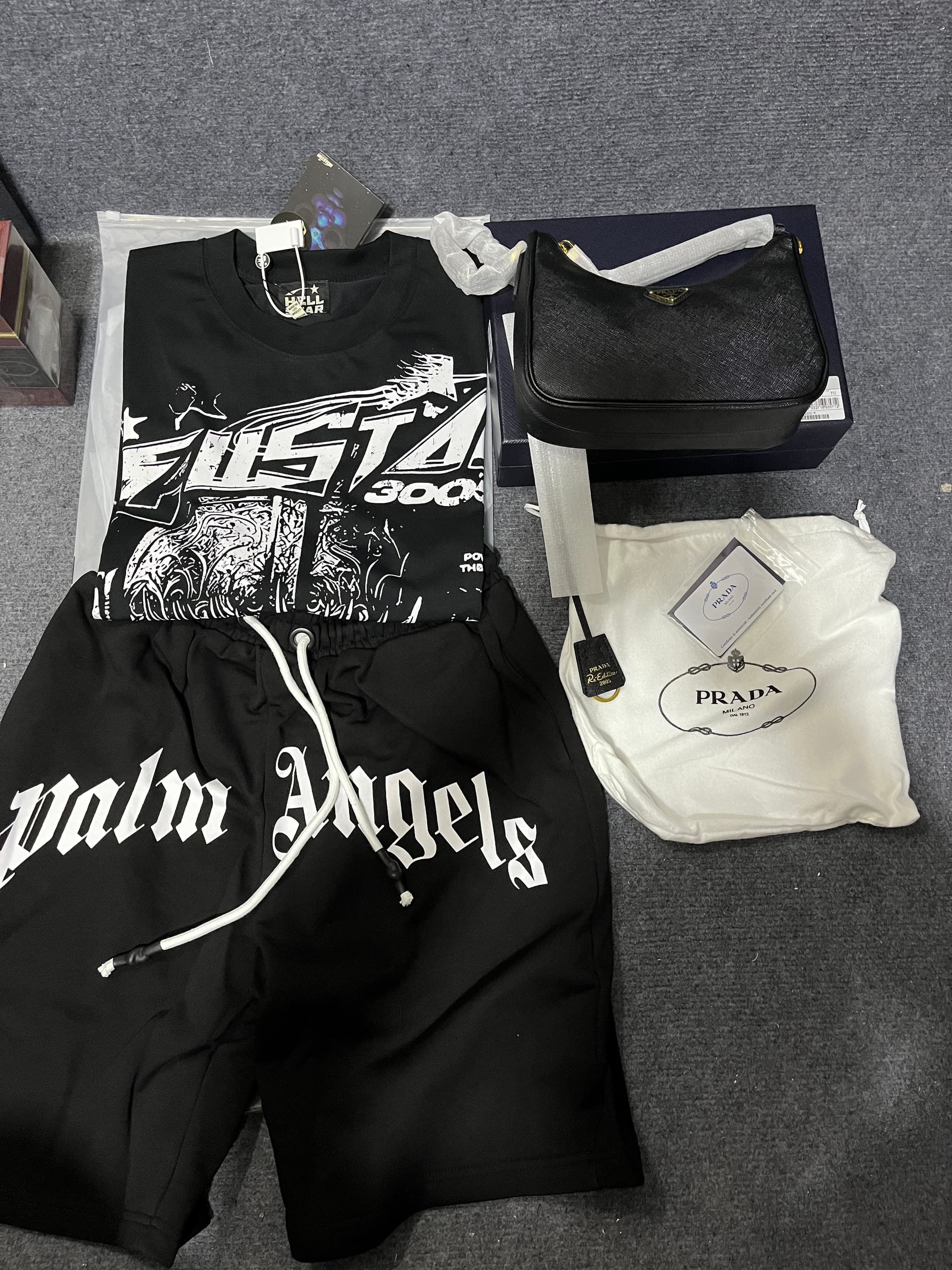 Hellstar Rep Graphic T-shirt Palm Angels Shorts Matching Set, Prada Rep Saffiano Leather Shoulder Bag | Yupoo