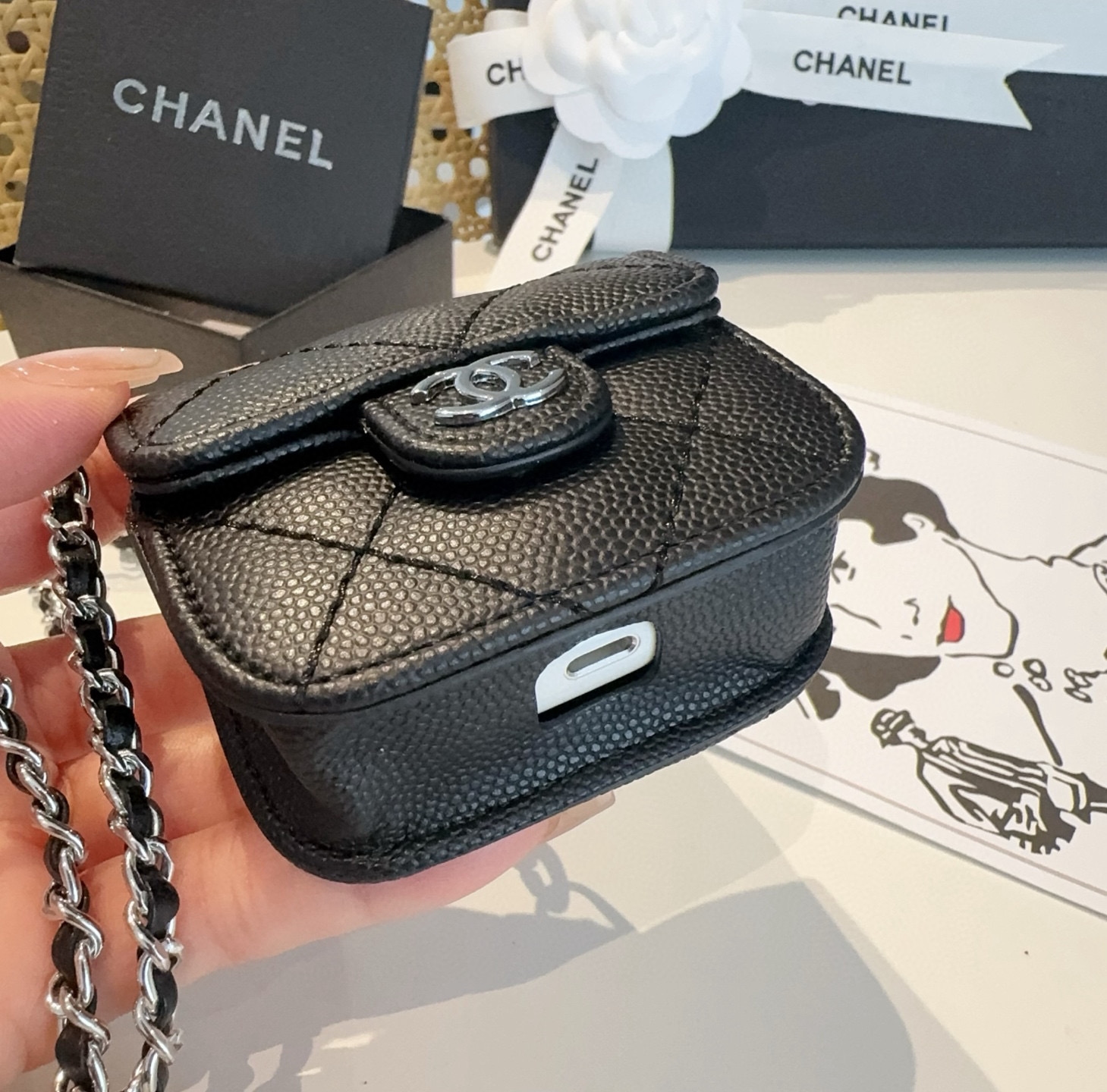 YupooPA Chanel Luxury Quilted Caviar Leather Earbud Case 👜 image 9