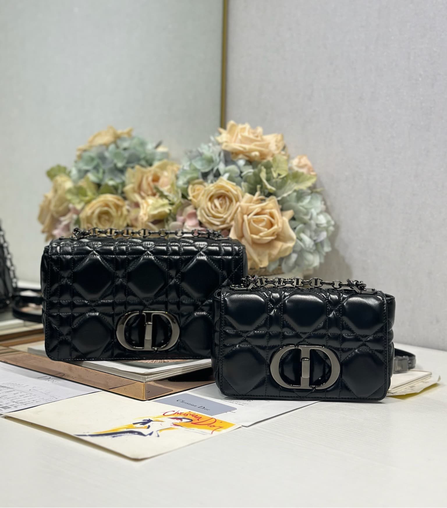 YupooPA Dior Caro Bag Black Waxed Leather Silver Metal Buckle