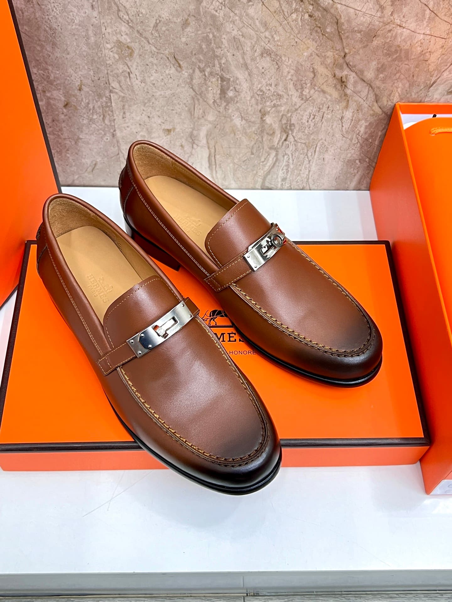 YupooPA Shoes: Luxury Hermès-Inspired Giovanni Loafers - Handcrafted Leather Slip-On Dress Shoes with Palladium Buckle image 3